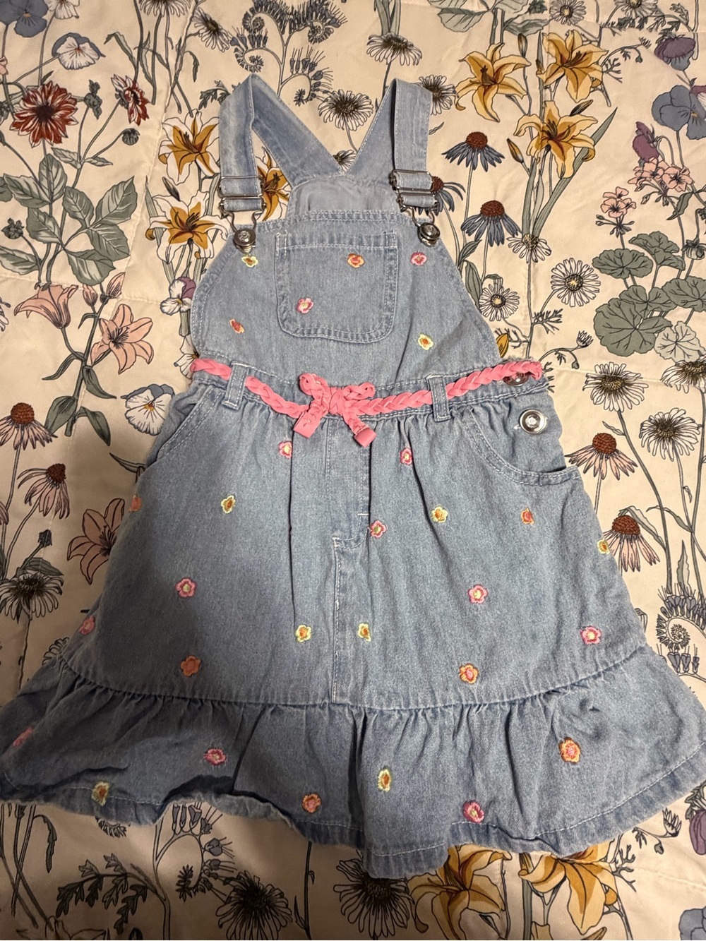 Little Lass Light Blue Denim Overall Dress with Pink Belt